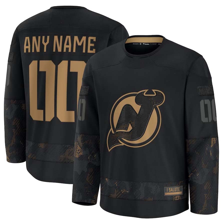 Custom NJ.Devils Fanatics 2024 Military Appreciation Personalized Long Sleeve Practice Jersey - Black Stitched American Hockey Jerseys
