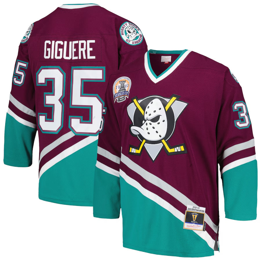 A.Ducks #35 Jean-Sebastien Giguere Player Mitchell & Ness 2002 Blue Line Purple Hockey Jerseys