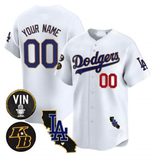 Custom LA.Dodgers Vin Patch & Kobe Bryant Gold Trim Vapor Premier Limited V2 Baseball Jerseys