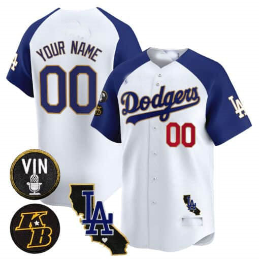 Custom LA.Dodgers Vin Patch & Kobe Bryant Gold Trim Vapor Premier Limited V2 Baseball Jerseys