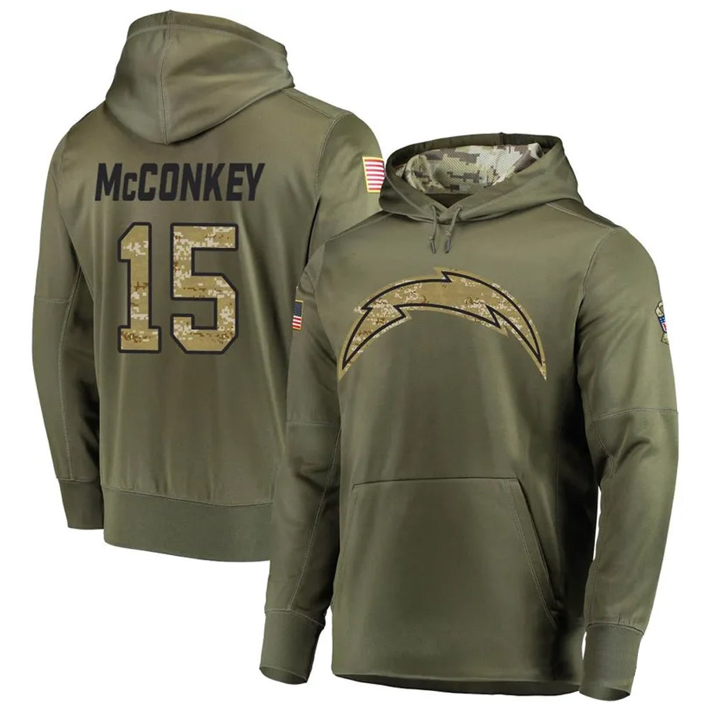 LA.Chargers #15 Ladd McConkey Player Salute to Service  Olive Hoodies Game Football Jerseys