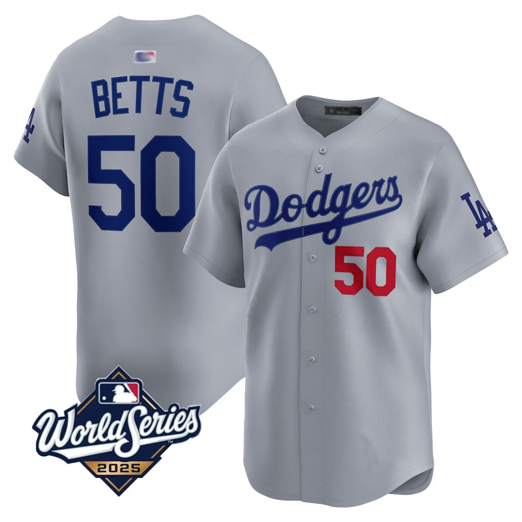 LA.Dodgers #50 Mookie Betts Player 2025 World Series Gray Home Game Baseball Jerseys